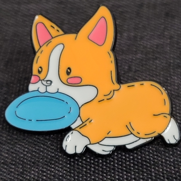 Corgi Pup With Food Dish Enamel Pin - Picture 2 of 6